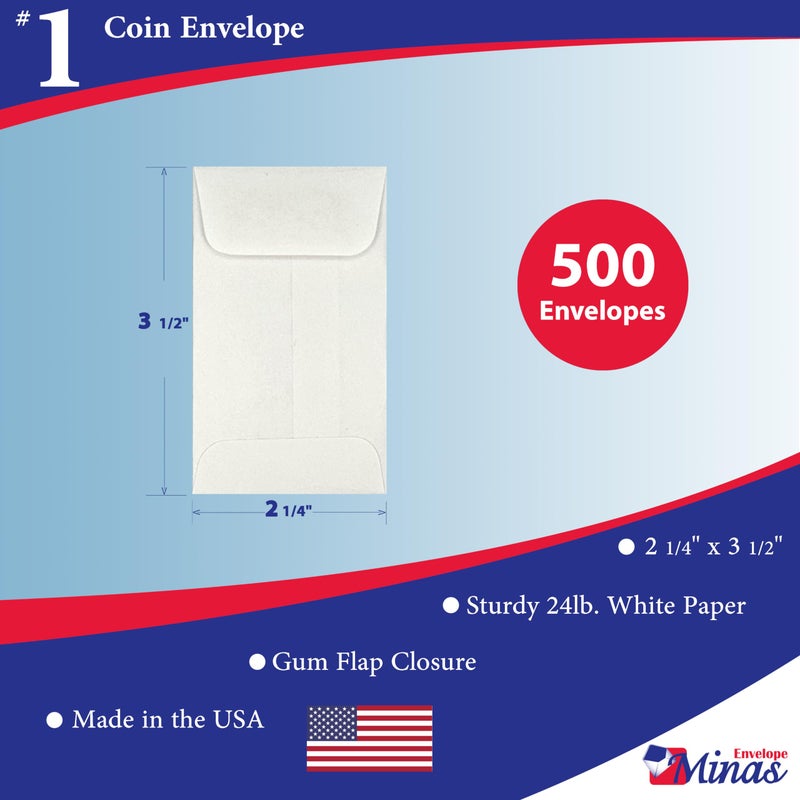 Minas Envelope 500 Minas Envelope #1 Coin Envelope  2-1/4"" X 3-1/2""  Sturdy 24lb. White Paper  Gum Flap  500 Envelopes (White) - Image 2